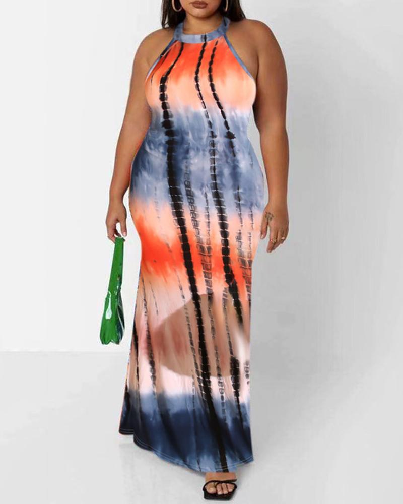 

Plus Size Tie Dye Print Cutout Back Maxi Dress, Blue