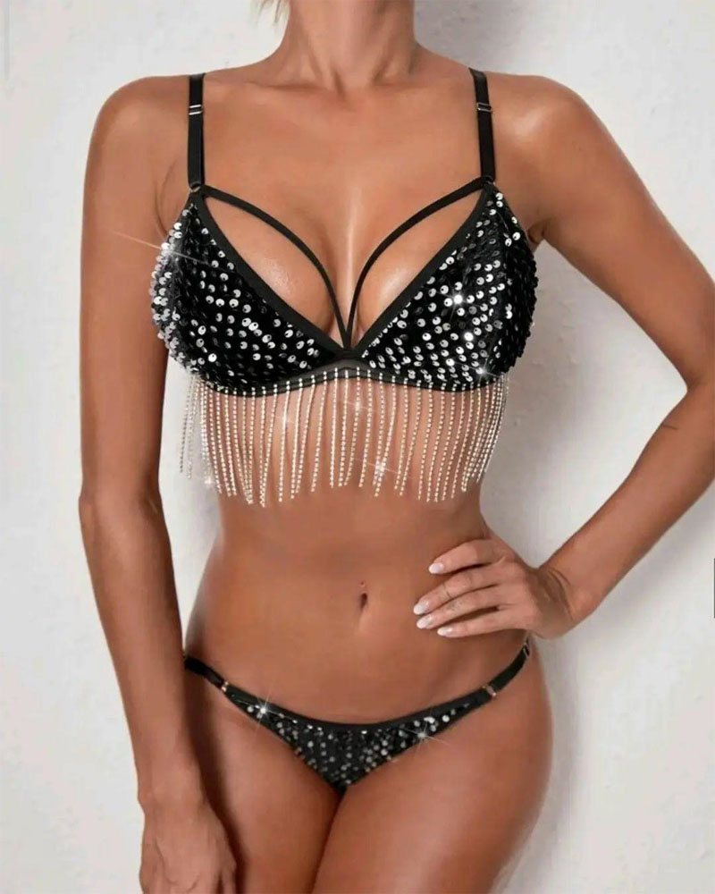 

Tassel Decor Sequin Bikini Set, Black