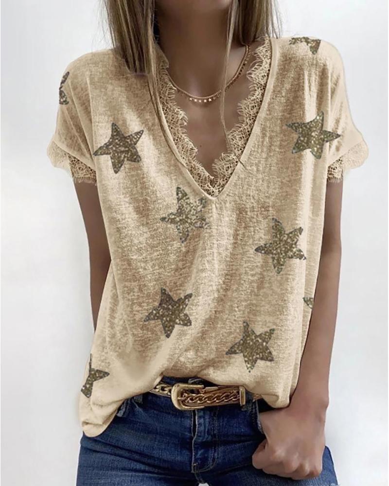 

Star Print Eyelash Lace Trim Top, Khaki