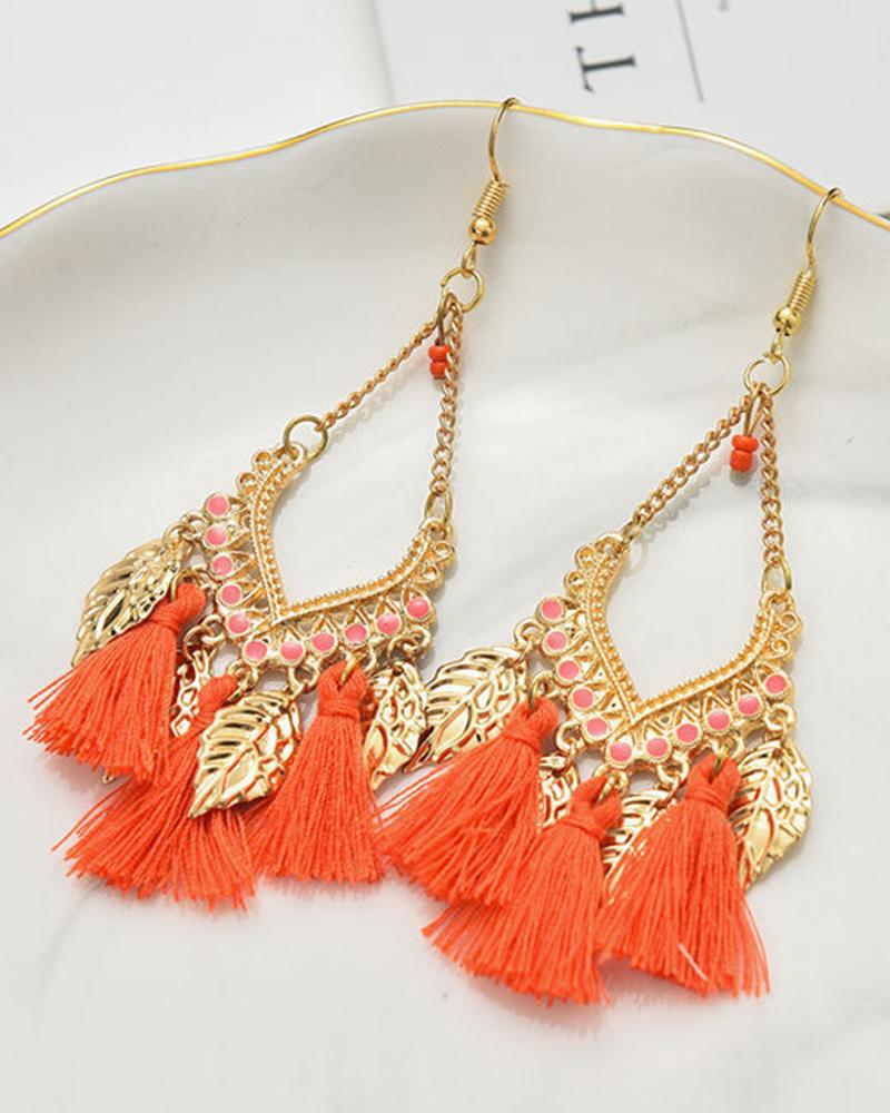 

1Pair Bohemian Leaf Tassel Design Waterdrop Hook Earrings, Red