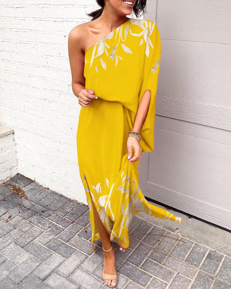 

Plants Print One Shoulder Split Hem Maxi Dress, Yellow