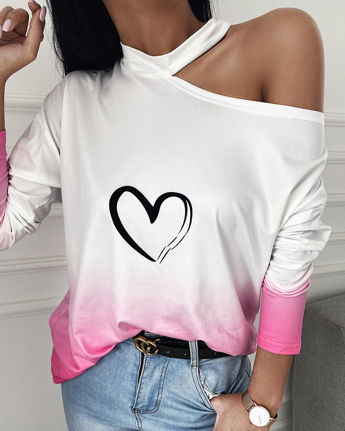 

Colorblock Heart Print Cold Shoulder Top, Hot pink