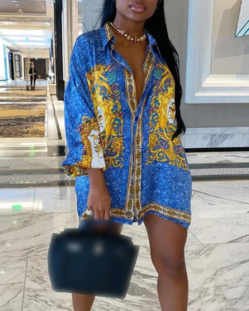 

Paisley Print Button Front Shirt Dress, Blue