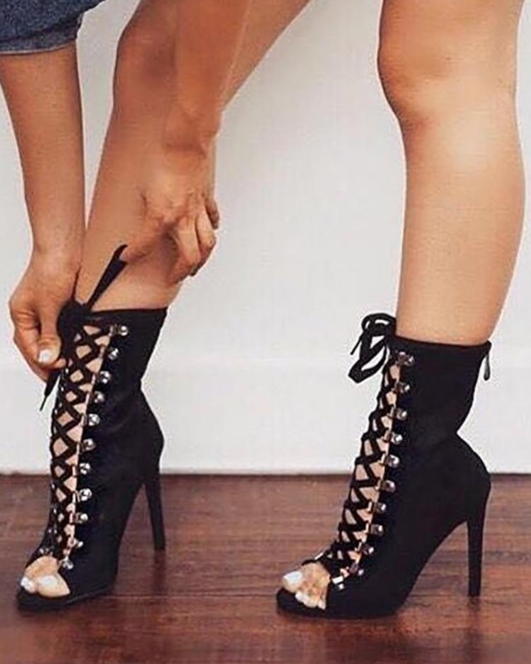 

Black Lace-up Peep Toe Zippered Pumps