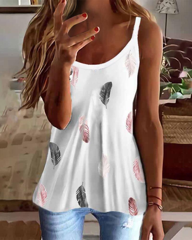 

Feather Print Casual Cami Top, White