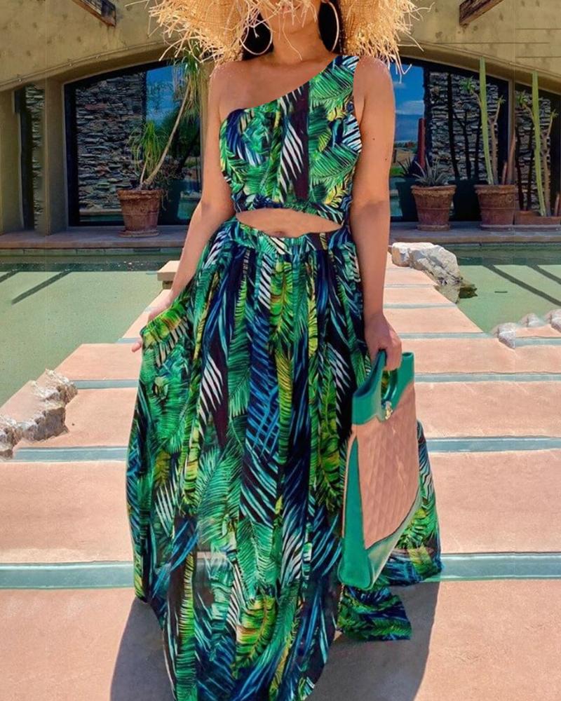

Floral Print Sleeveless One Shoulder Tanks With Maxi Skirts Suit Sets, Green