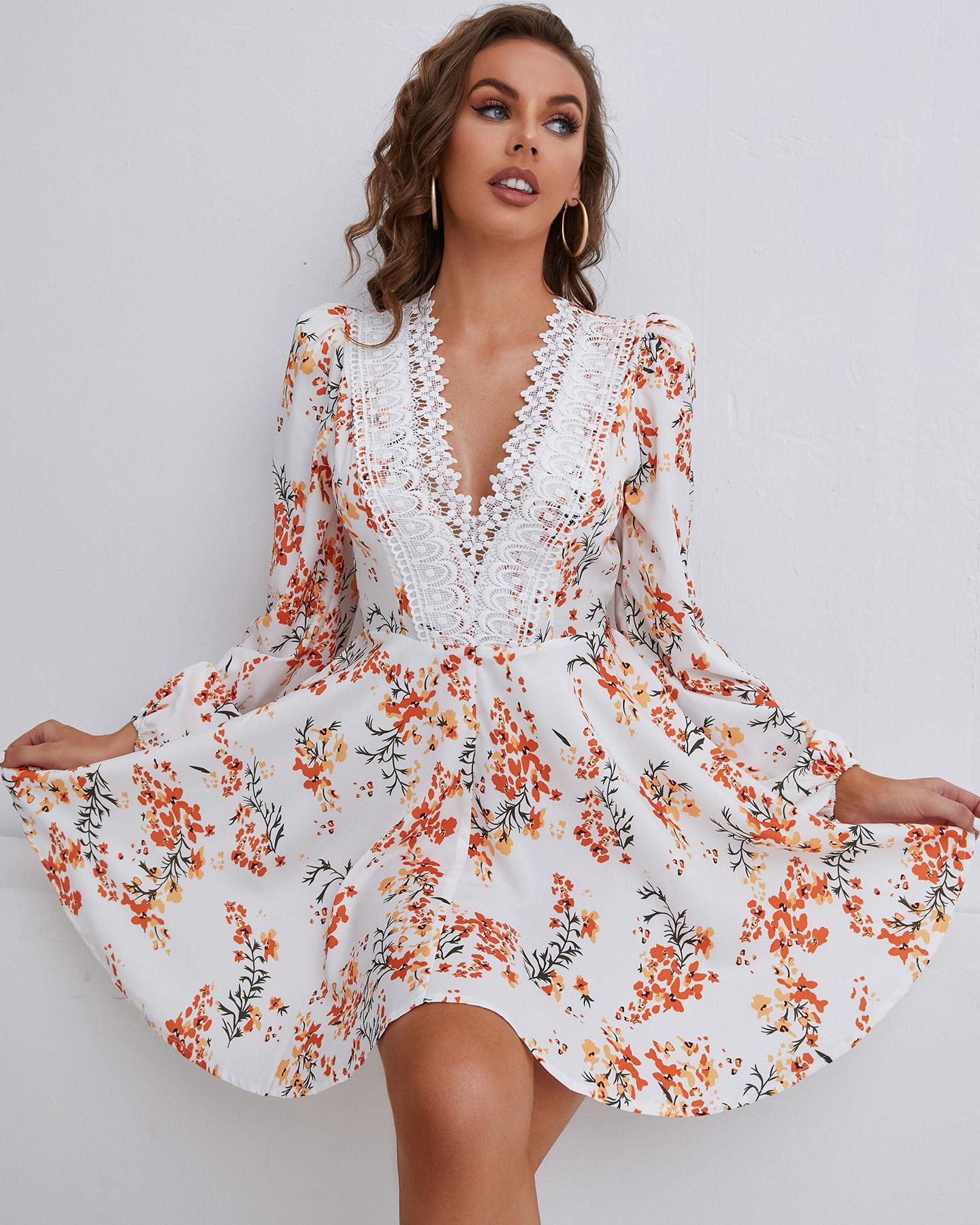 

Floral Print Puff Sleeve Button Front Ruffle Hem Dress, Multicolor
