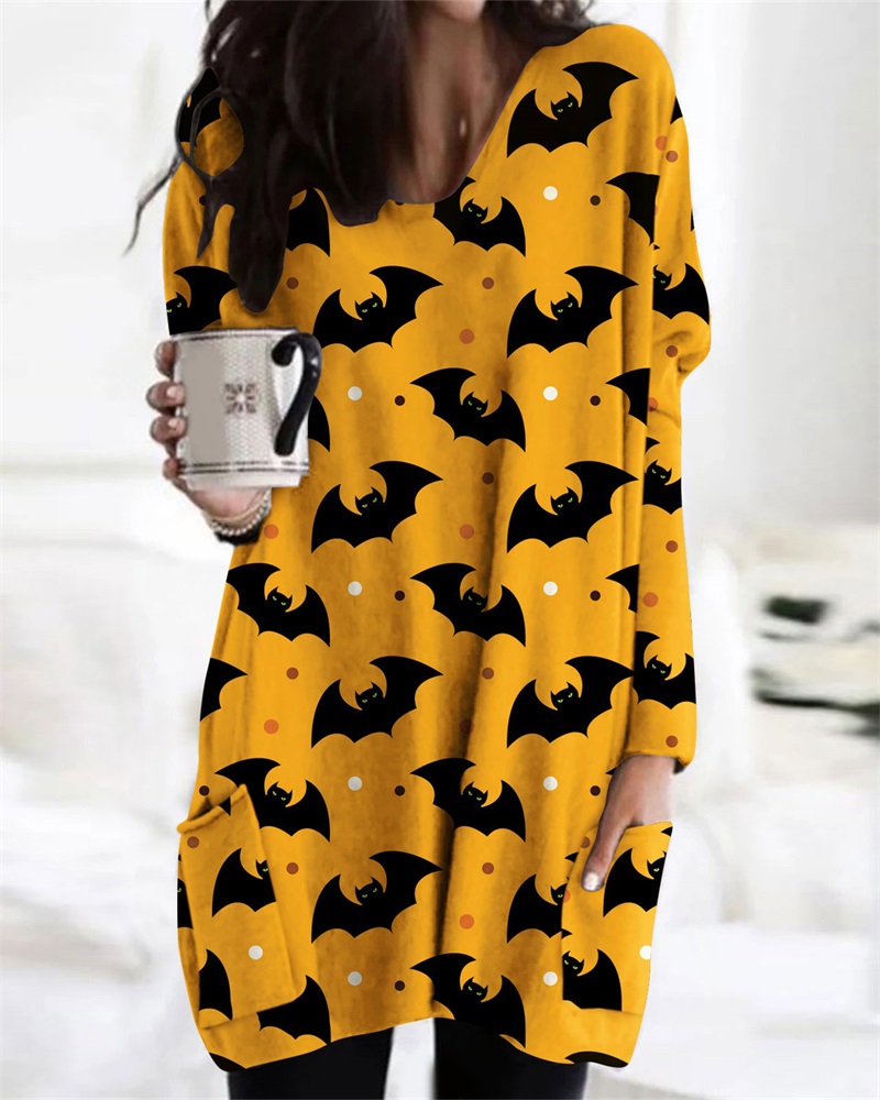 

Halloween Bat Print Pocket Detail Long Sleeve Dress, Yellow