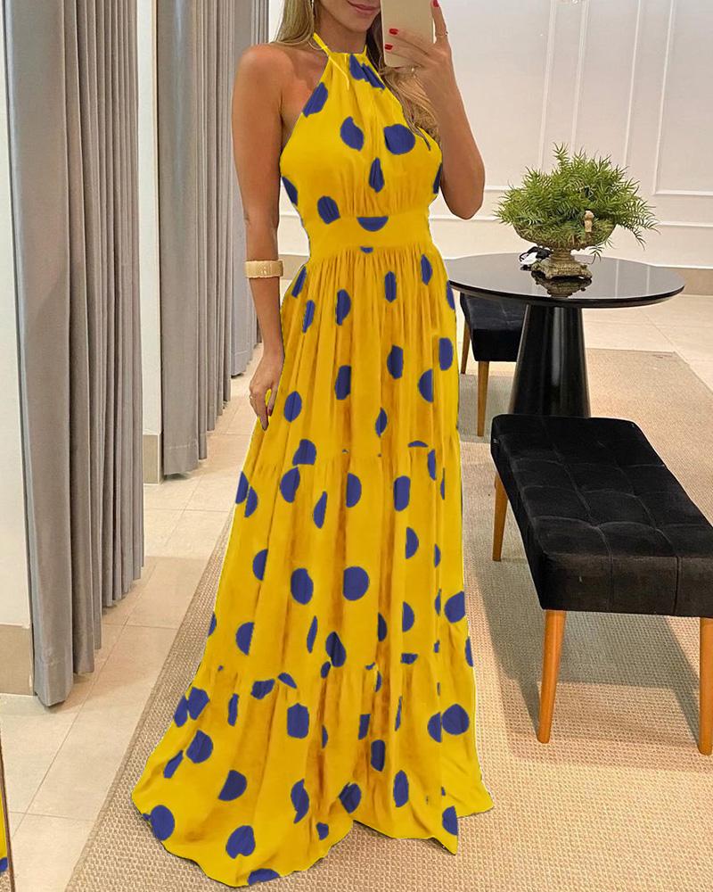 

Polka Dot Print Halter Backless Ruched Maxi Dress, Yellow