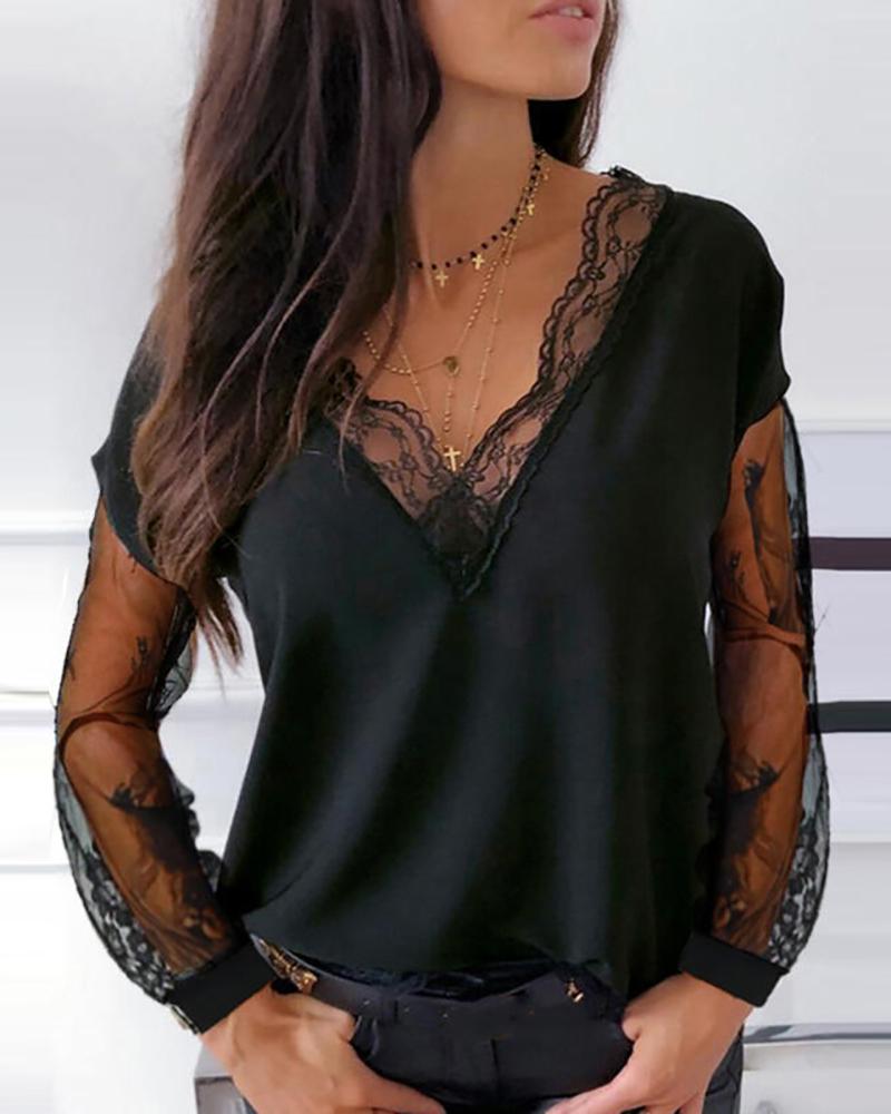 

Sheer Mesh Lace Plain Blouse, Black