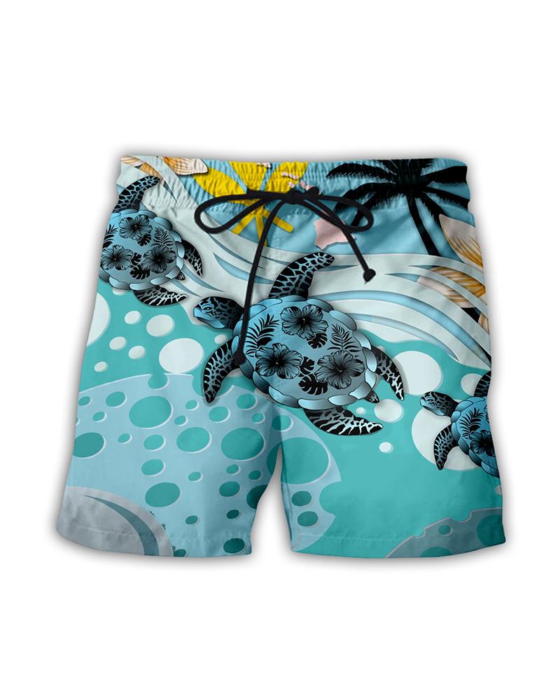 

Turtle Patterns Print Loose Drawstring Couple Shorts, Multicolor
