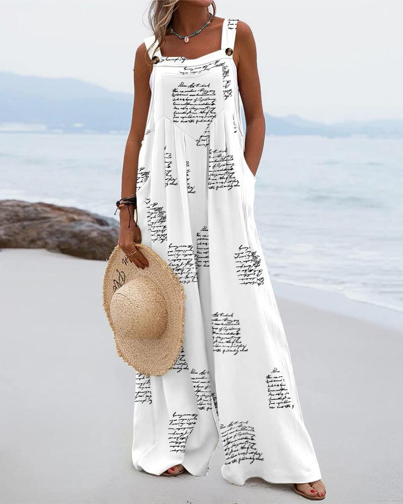 

Letter Print Wide Leg Suspender Jumpsuit, White