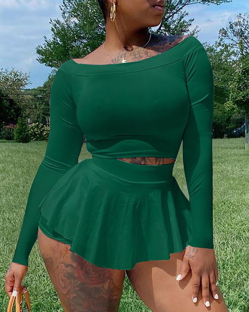 

Skinny Long Sleeve Crop Top & Skorts Set, Green
