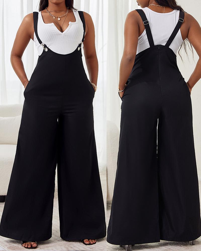 

Wide Leg Pocket Design Suspender Jumpsuit, Black