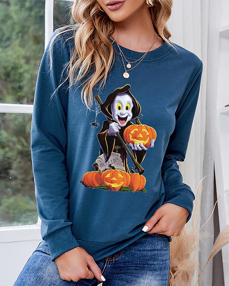 

Halloween Monster Pumpkin Print Long Sleeve Sweatshirt, Blue