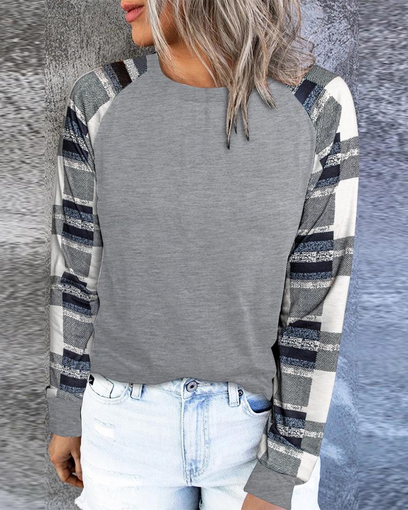 

Contrast Plaid Long Sleeve Casual Top, Gray