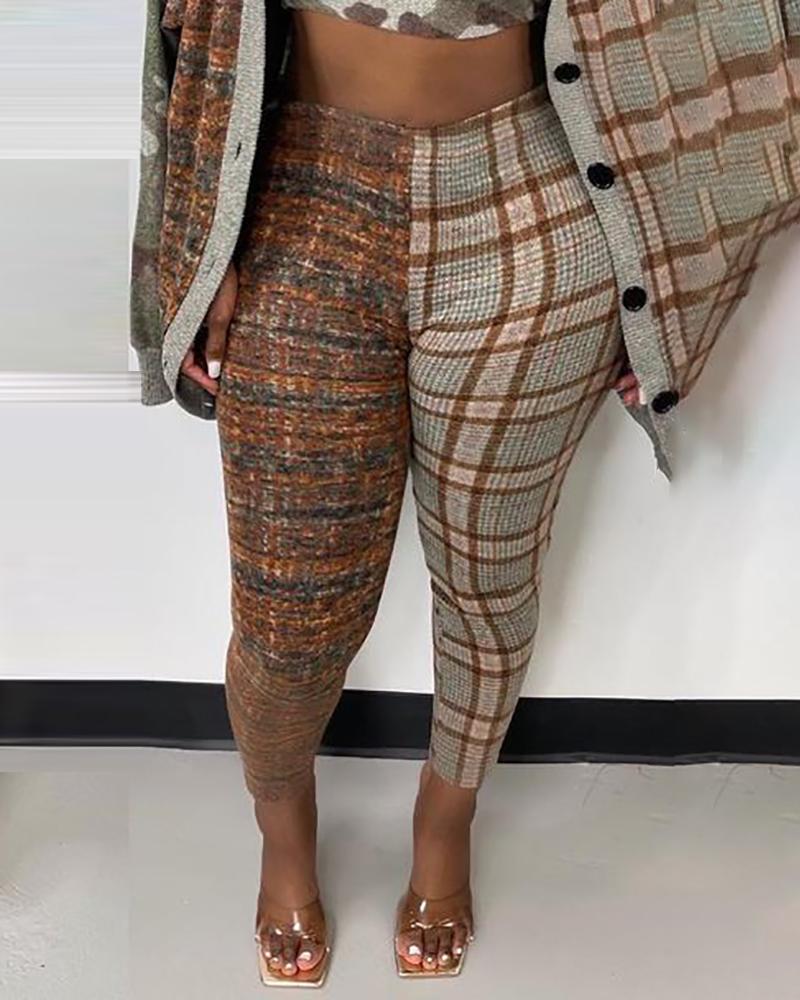

High Waist Plaid Print Skinny Pants, Brown