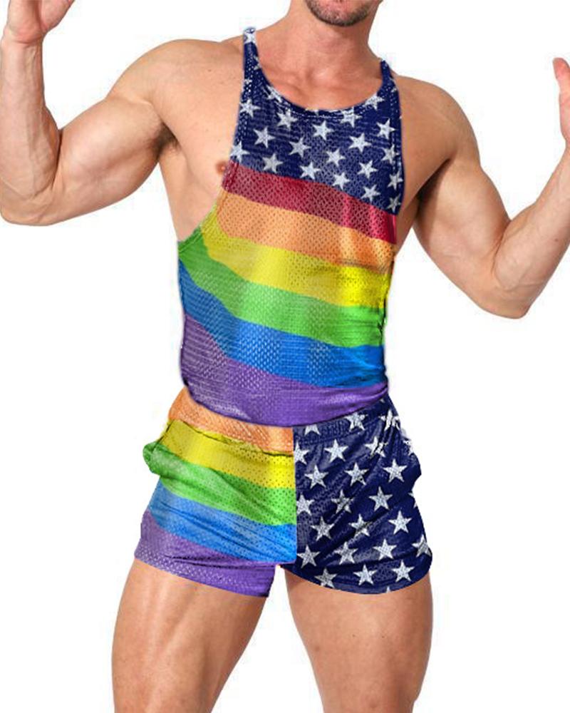 

Rainbow Color Splicing Star Print Sleeveless Tank Top With Short Pants Suit Sets, Multicolor