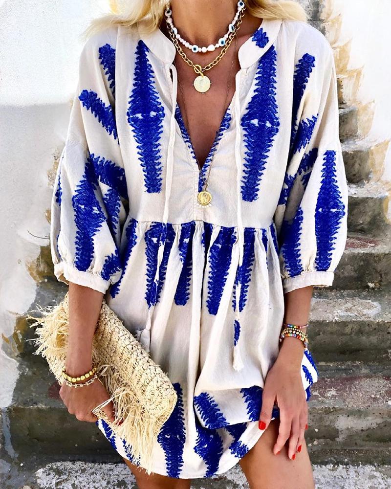 

Allover Print Zipper Front Long Sleeve Dress, Blue