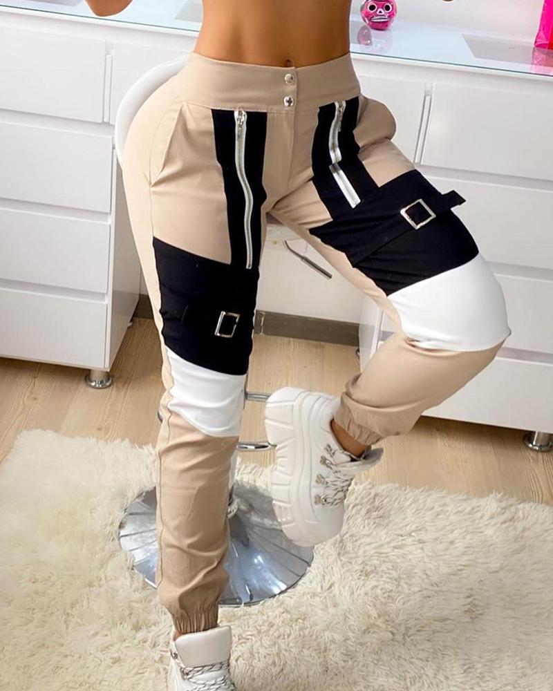 

Buckle Zipper Design Colorblock Casual Cargo Pants, Khaki