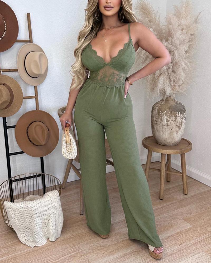 

Crochet Lace Spaghetti Strap Jumpsuit, Green