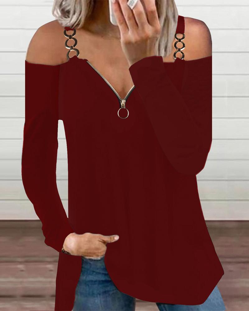 

Zipper Front Cold Shoulder Top, Wine red