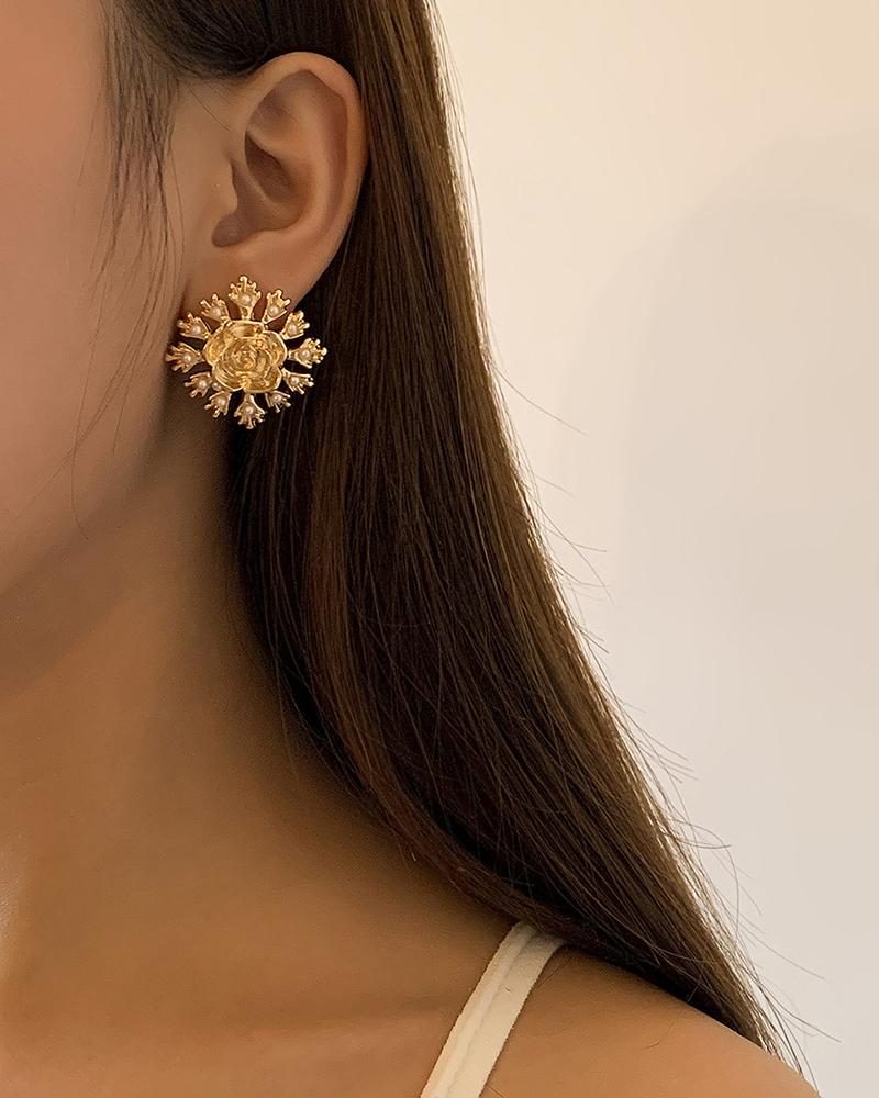 

1Pair Floral Rose Pattern Beaded Decor Earrings, Gold