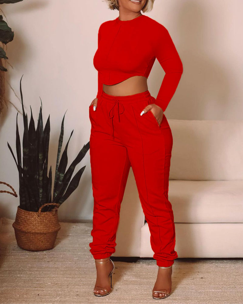 

Long Sleeve Crop Top & Drawstring Pants Set, Red