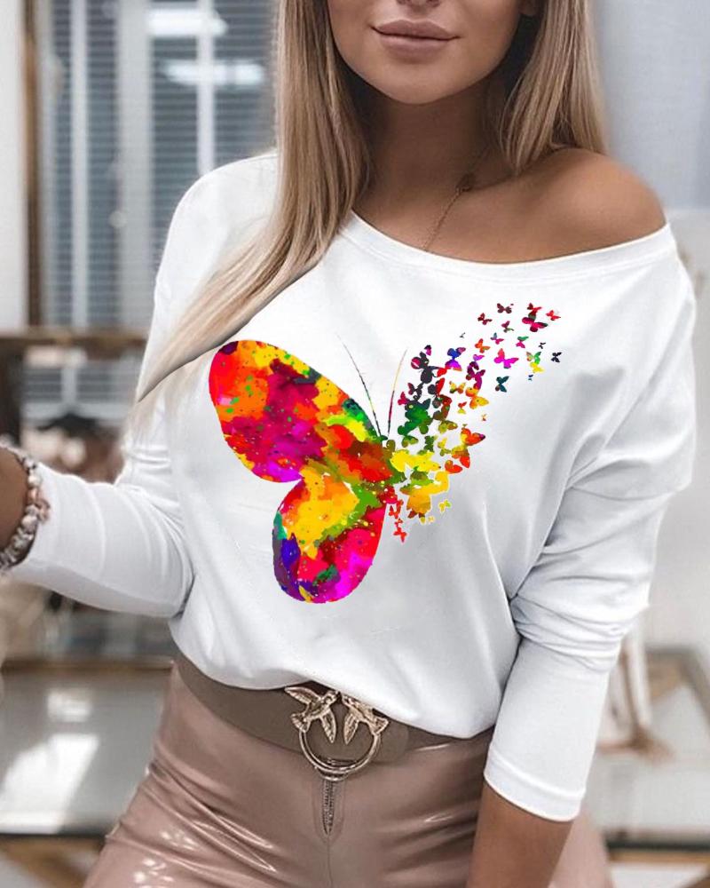 

Women' Butterfly Print O-neck Top, White