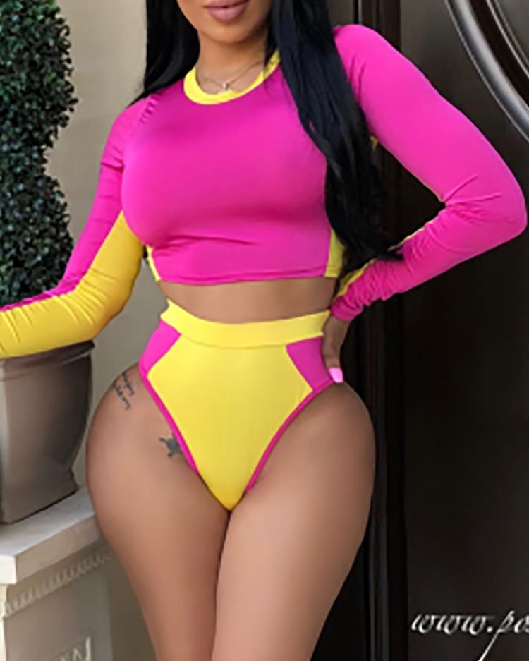 

Contrast Color Splicing Long Sleeve Bikini Sets, Yellow