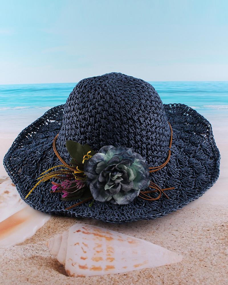 

Floral Pattern Folding Wide Brim Straw Hat, Purplish blue