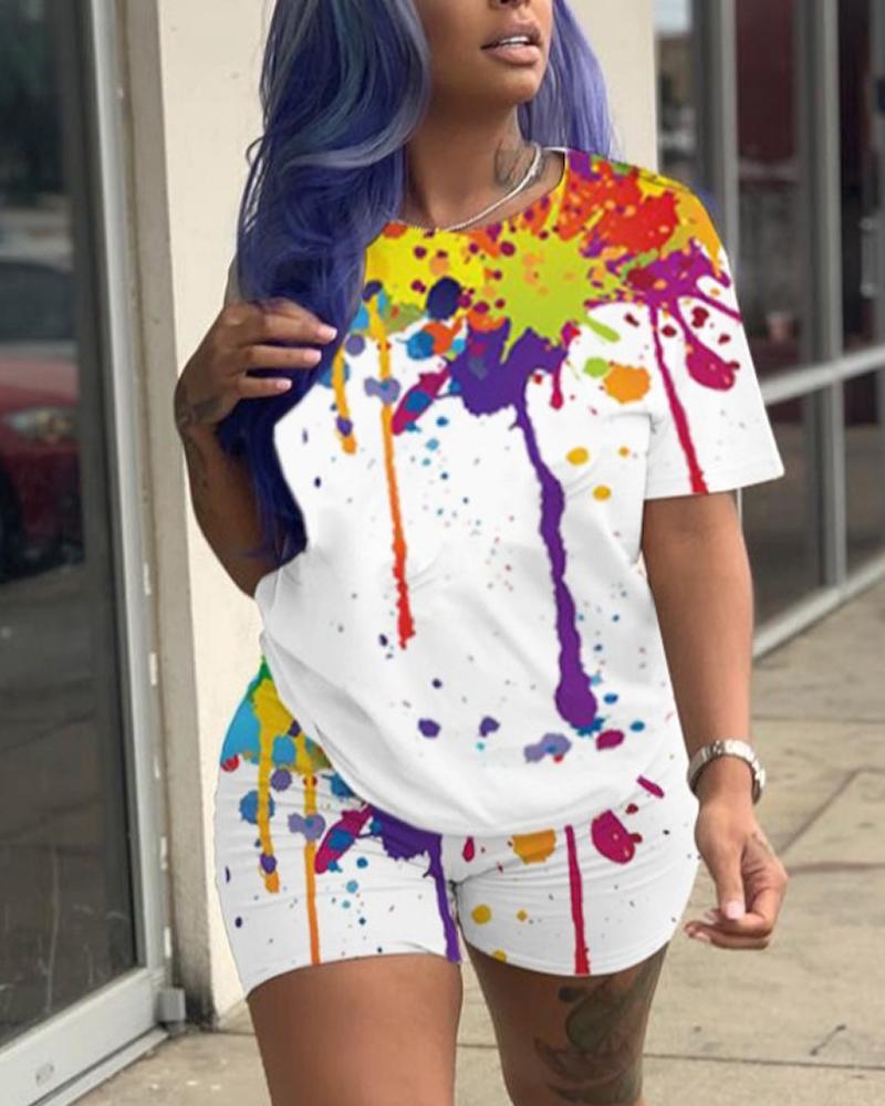 

Ink Splash Print T-shirt & Shorts Set, White