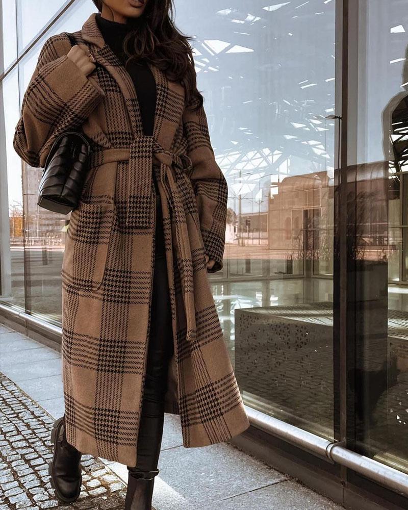 

Plaid Print Patch Pocket Longline Coat With Belt, Khaki