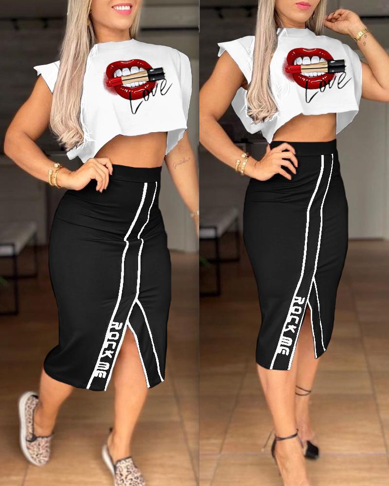 

Mouth Print Short Sleeve Top & Plain Slit Skirt Set, Black