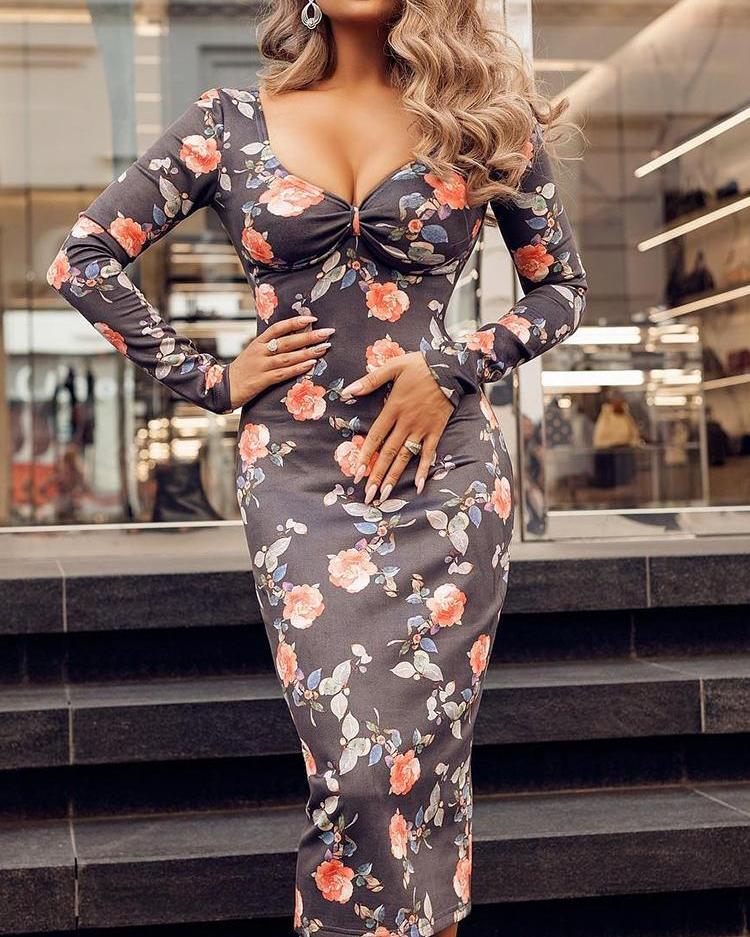 

Floral Print Ruched Long Sleeve Bodycon Dress, Black