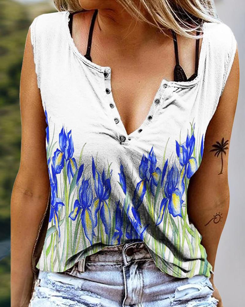 

Plants Print Eyelet Decor Casual Tank Top, White