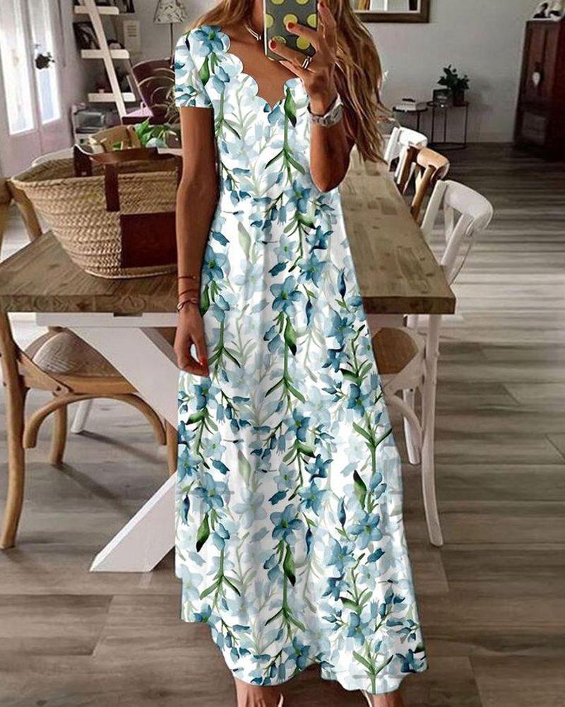 

Plants Print Scallop Trim Maxi Dress, Green