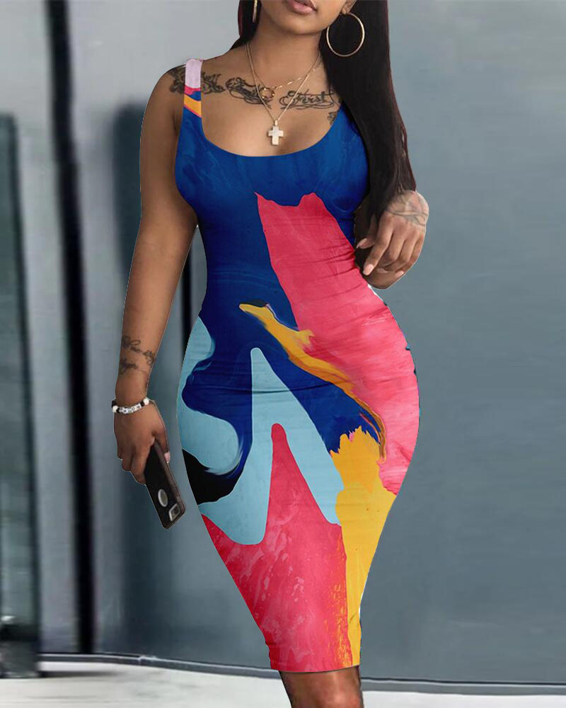 

Colorblock Abstract Print Sleeveless Bodycon Dress, Pink