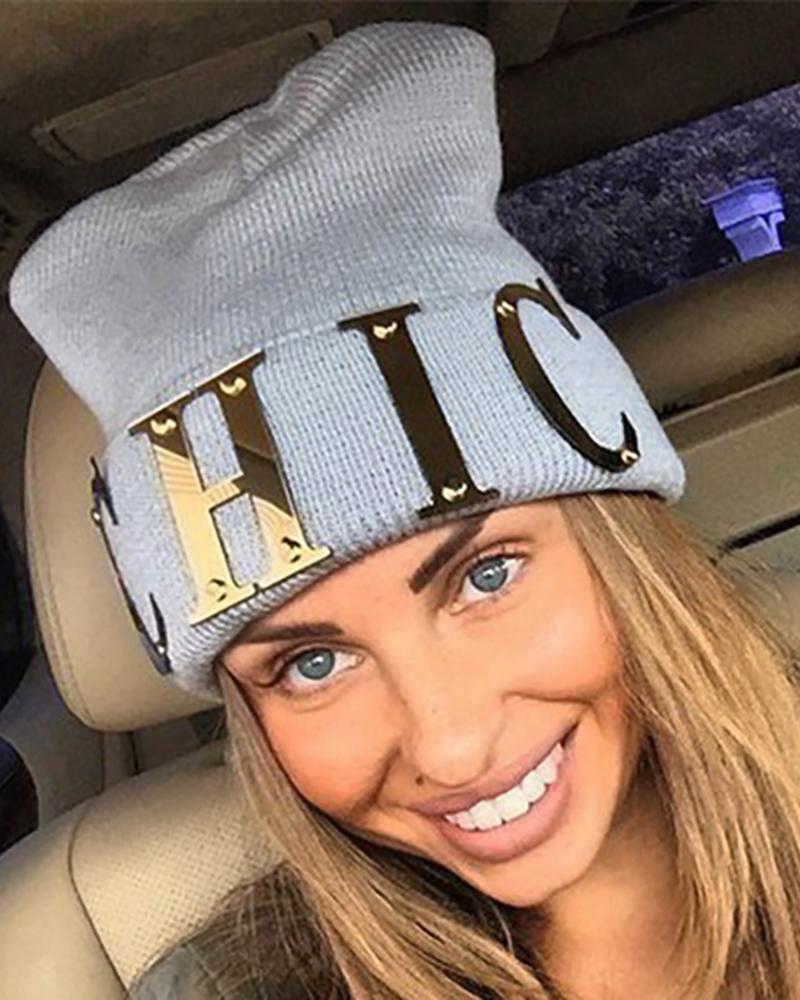 

Letter Pattern Knit Beanie, Gray