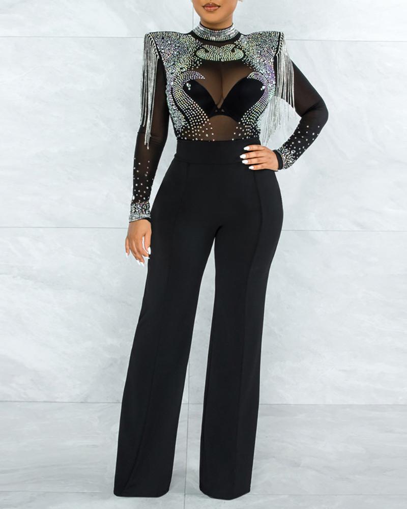 

Rhinestone Tassel Design Sheer Mesh Jumpsuit, Black