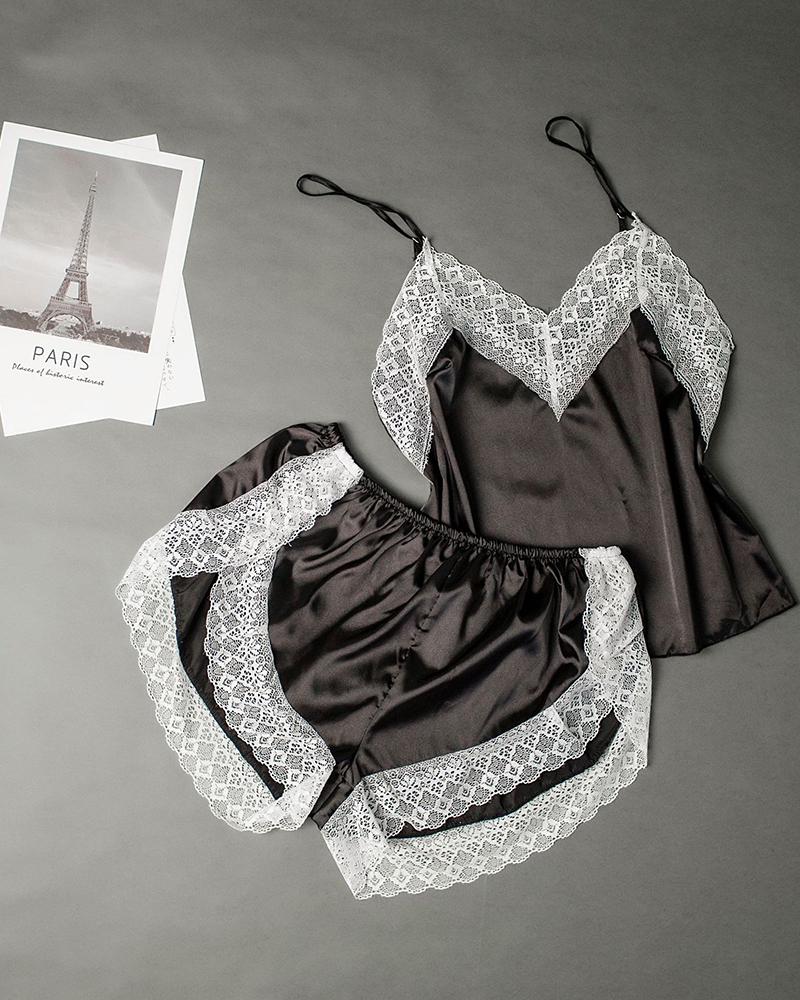 

Satin Crochet Lace Patch V Neck Cami Set, Black