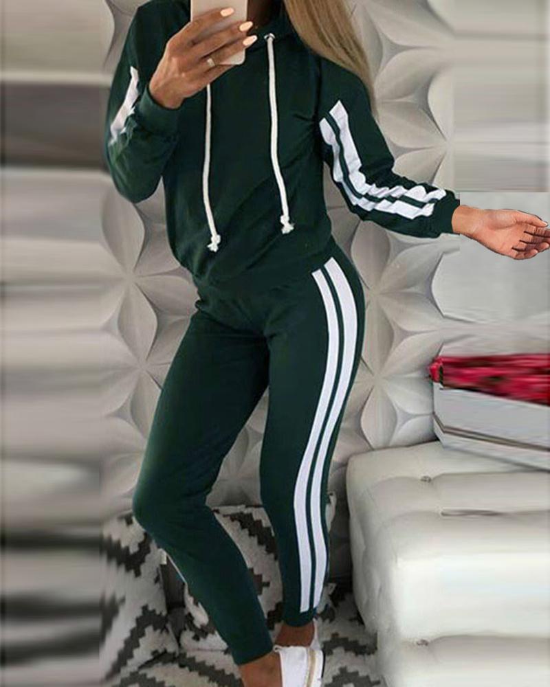 

Striped Tape Long Sleeve Hooded Top & Pants Set, Green