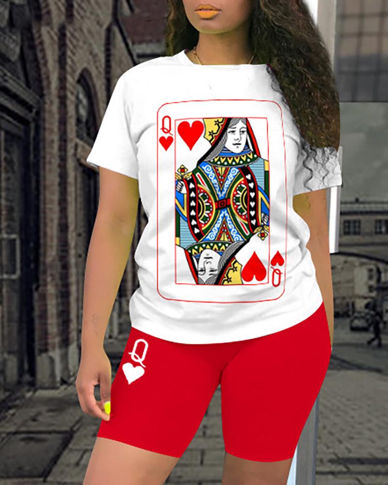 

Poker Print Short Sleeve Top & Shorts Set, Red