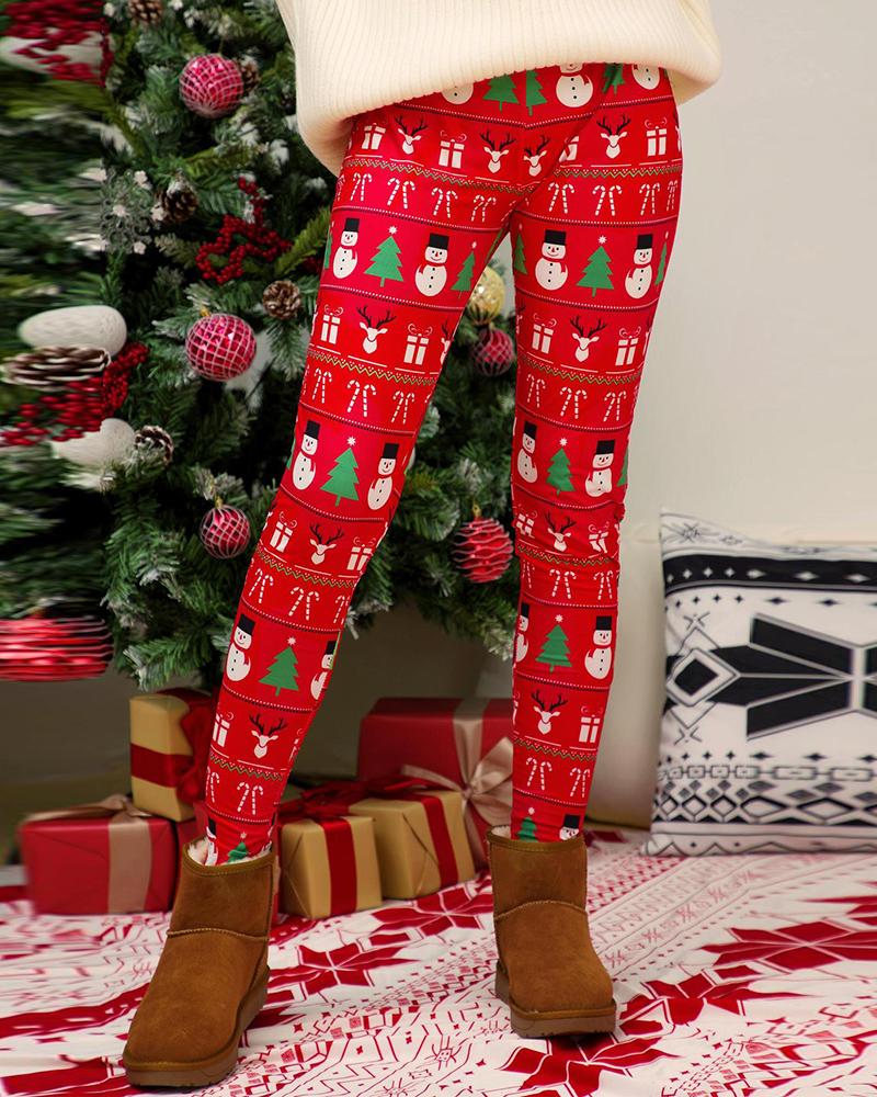 

Christmas Snowman / Tree / Moose / Snowflake Print Skinny Pants, Style2