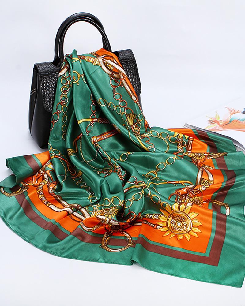 

Chain Graphic Print Square Silk Scarf, Green