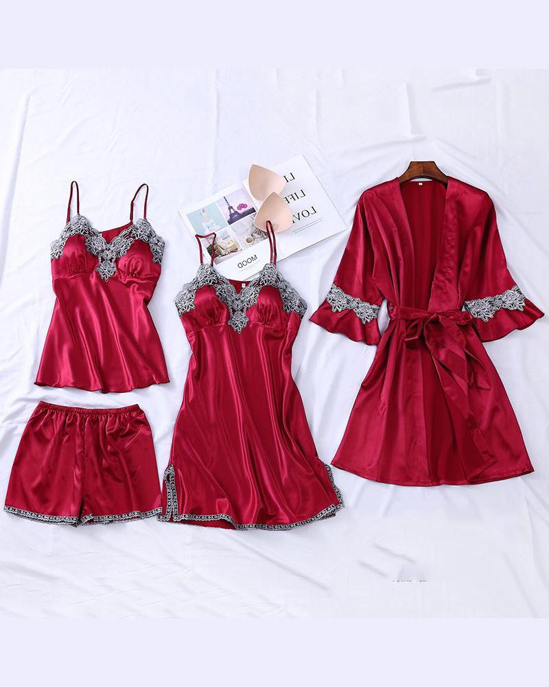 

Satin Lace Detail Pajama Set, Red