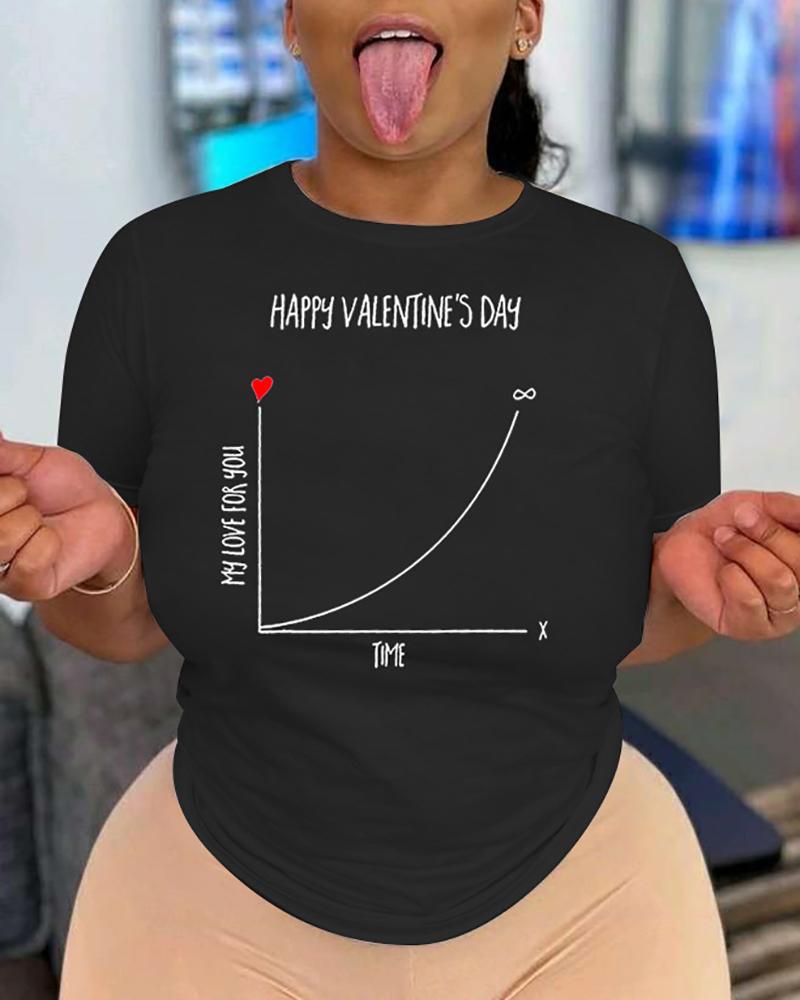 

Valentine' Day Short Sleeve Heart Graphic Print T-shirt, Black