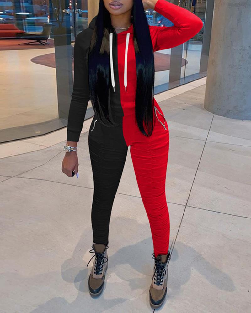

Colorblock Drawstring Design Hoodie Top & Pants Set, Black