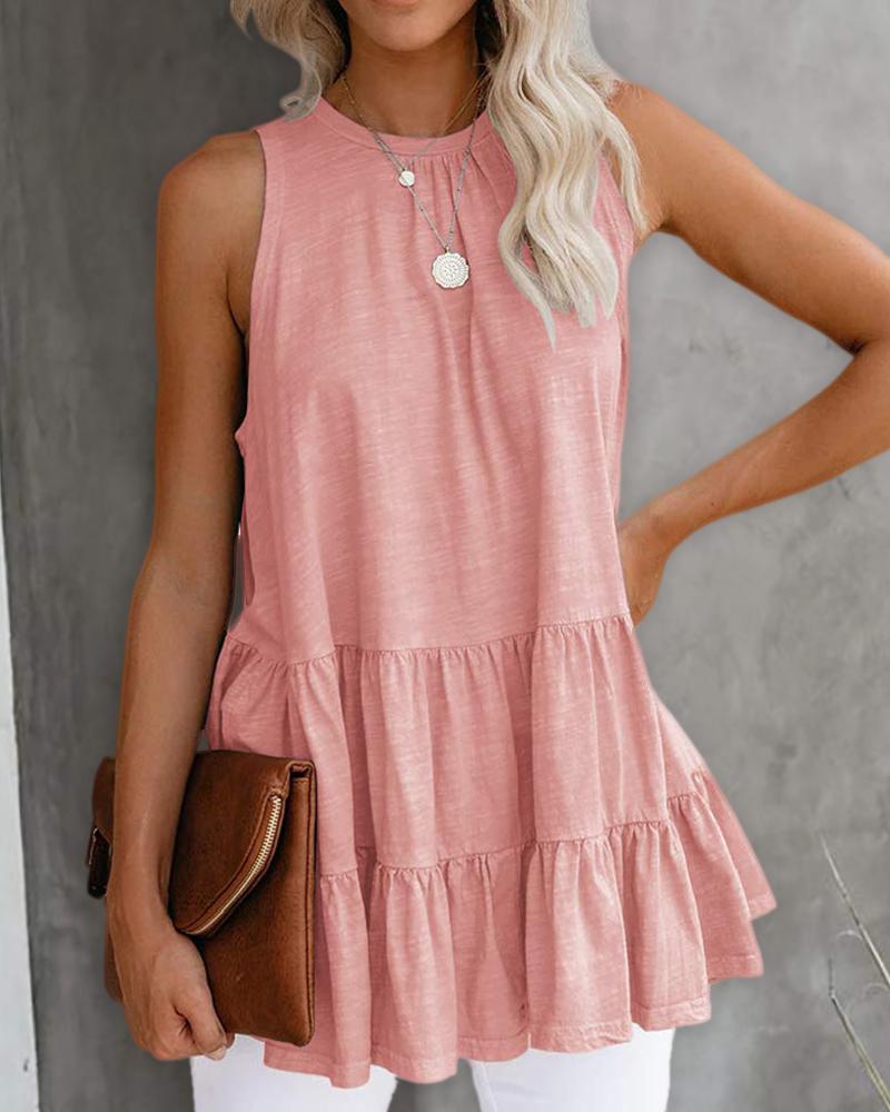 

Plain Sleeveless Ruffle Lace Up Top, Pink