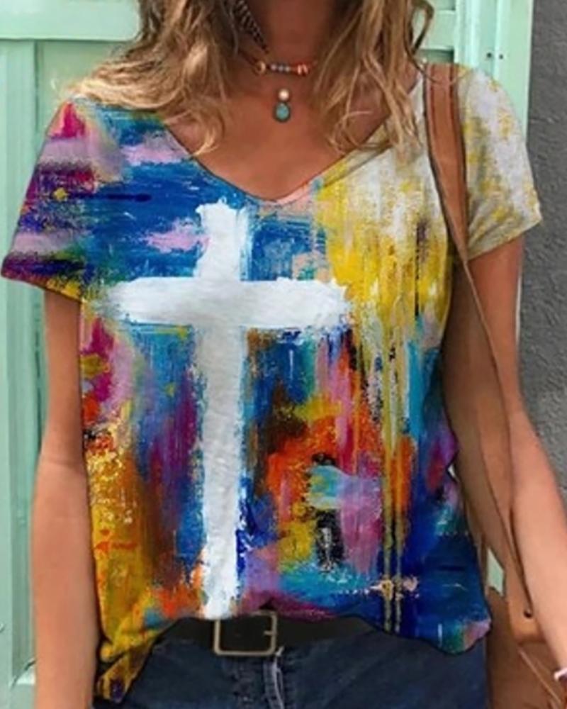 

Short Sleeve V-Neck Cross Pattern Print Colorblock T-shirt, Blue